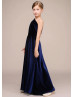 One Shoulder Navy Blue Velvet Long Flower Girl Dress